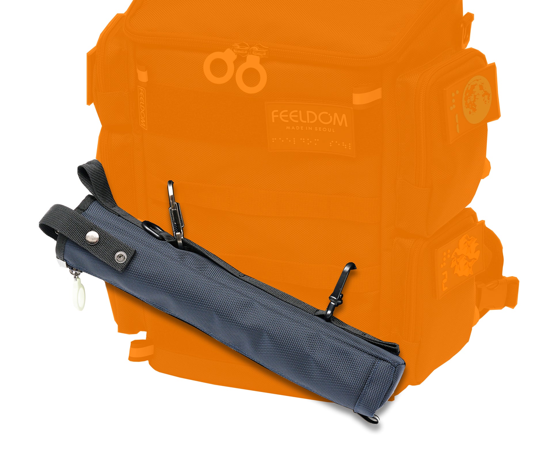 Close up detail of the cane pouch attached to the front of the backpack with 2 clips on the horizontal webbing straps.