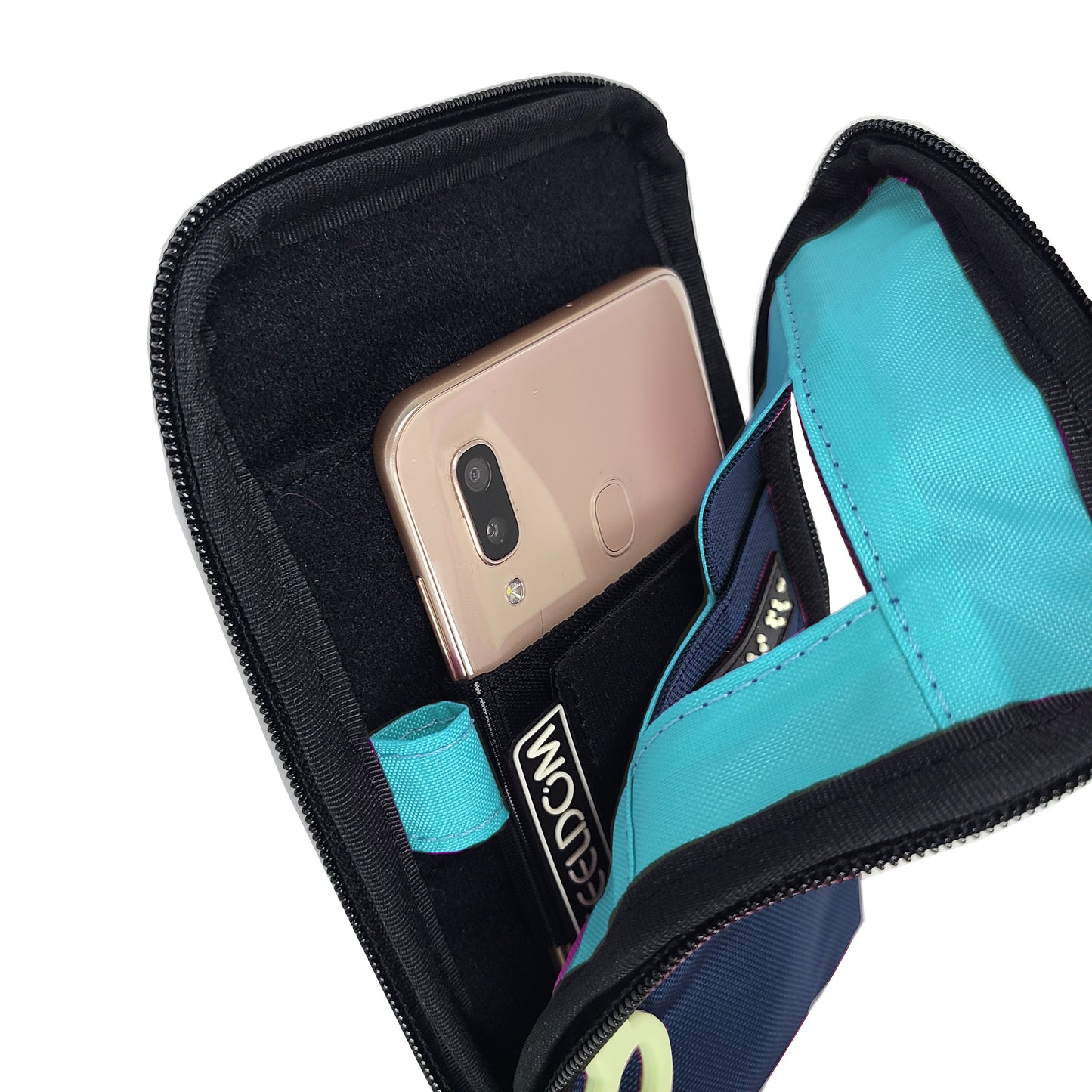 The Navi Pal is zipped open showing an  aqua blue lining, and a smartphone in its holster which is attached by velcro to the back side of the pouch. The phone's camera is front facing, lined up with the small window on the front of the pouch. There is a pen loop on the left inside of the pouch.