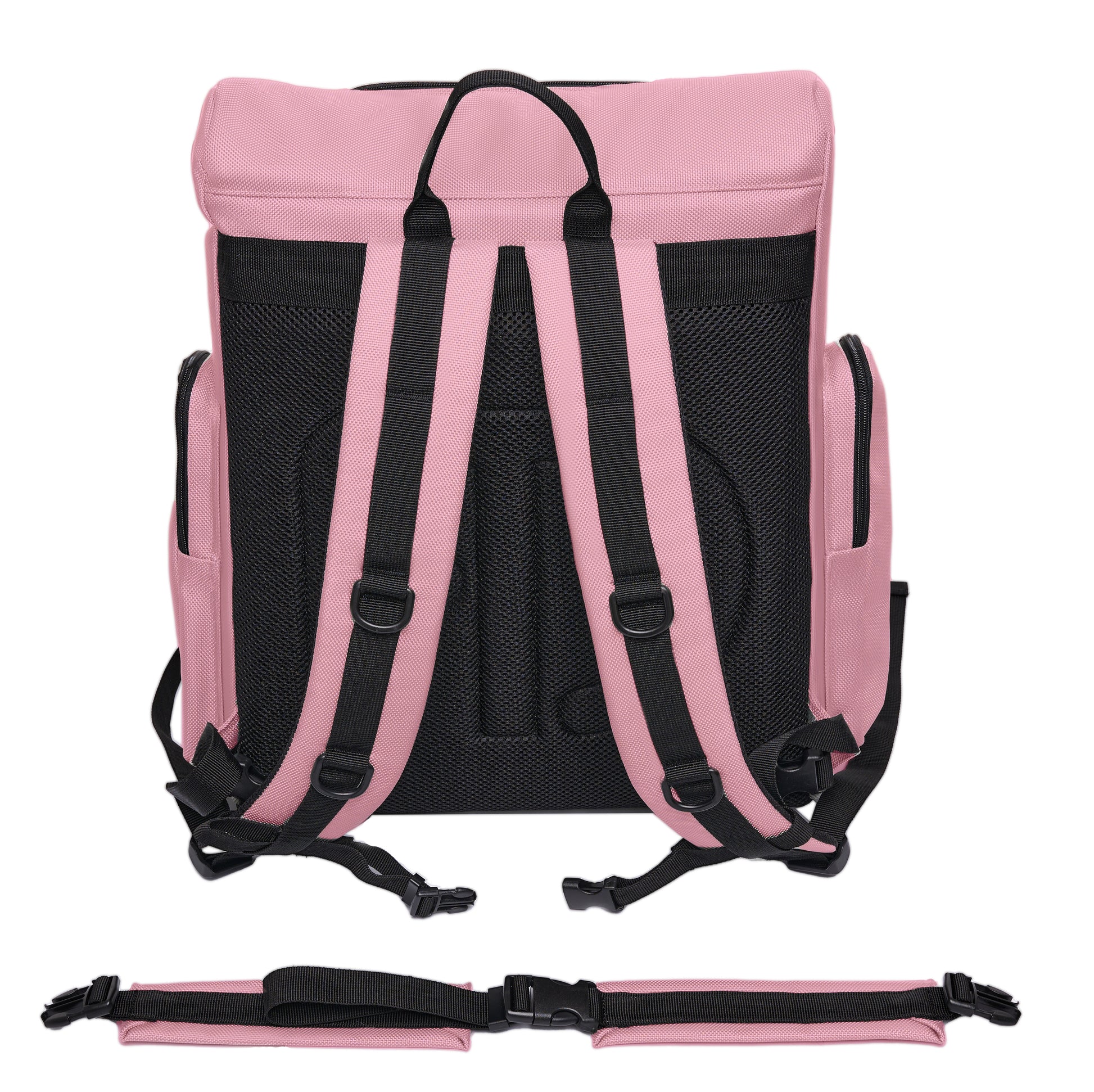 Back side of a pink backpack with black trim and a detached waist belt buckle. Each padded shoulder strap has 2 D rings, and there's a grab handle at the top.