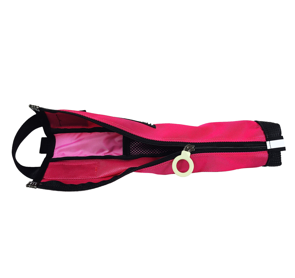 An open Hot Pink cane pouch with a white zipper ring pull and a bright rose pink lining.  Inside is a narrow mesh pocket in the middle, and the corners of the pouch are reinforced with metal corners.