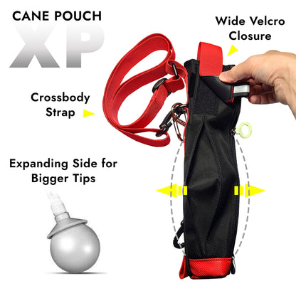 Black and red Cane Pouch XP's main features:  with a hand demonstrating the wide velcro closure, shown with text details of an expanding side feature for bigger ball tips, and an included crossbody strap.
