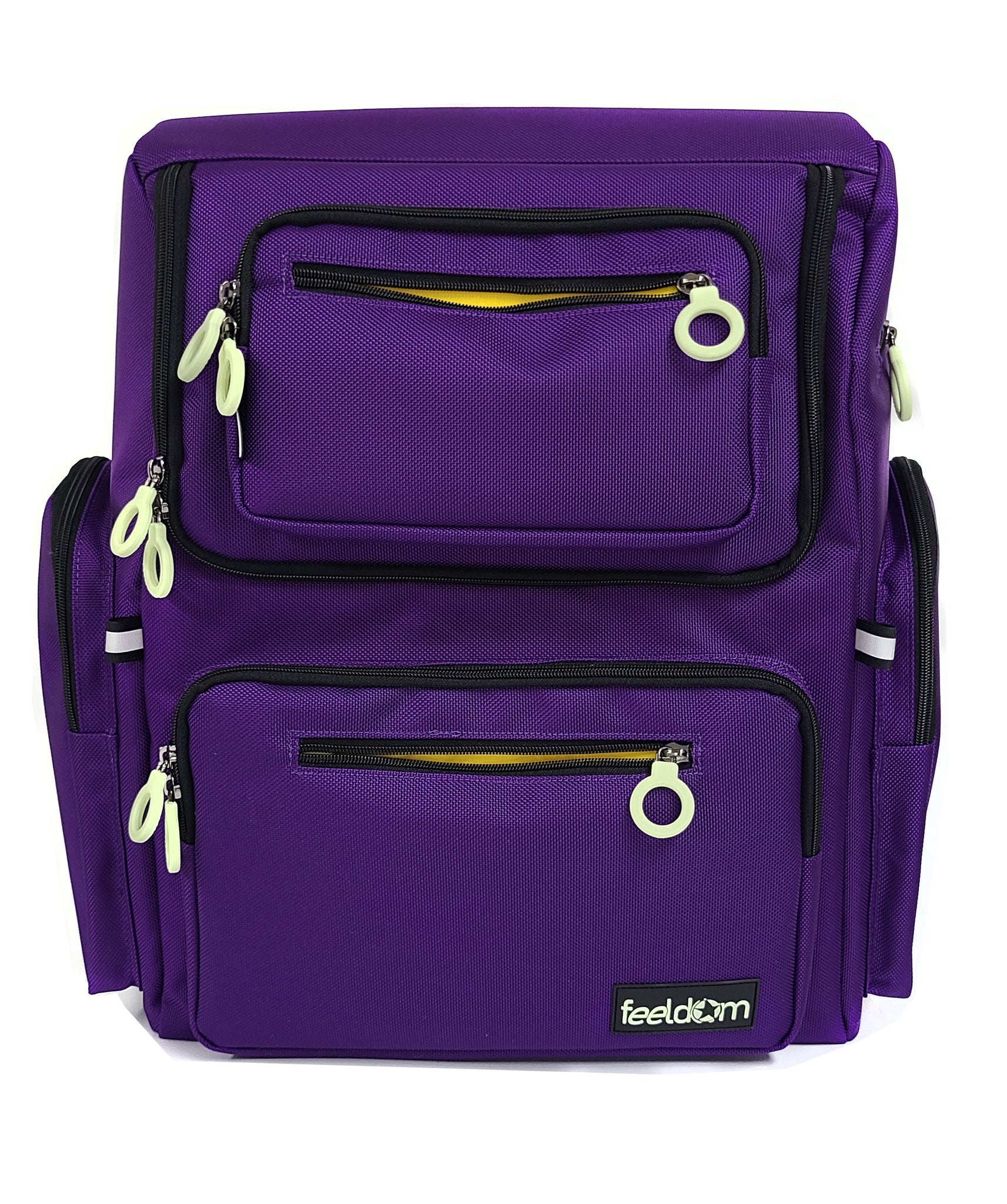 Front of a dark purple STAR wheelchair bag with black trim, white ring zippers and insulated side pockets