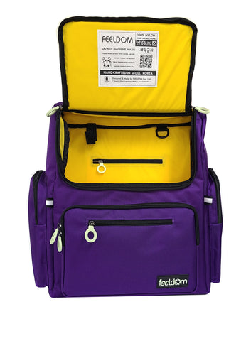 STAR FT wheelchair bag is a medium/large wide wheelchair bag with a front opening hatch that allows easy access from the front. It is purple with a yellow lining