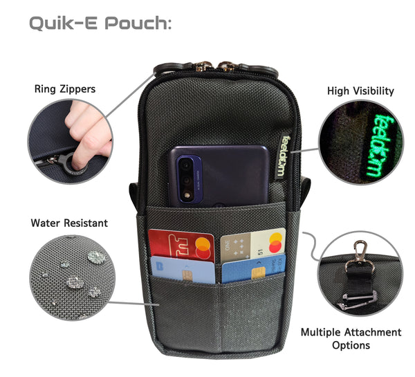 Quik-E Pouch details showing ring zipper handles, water resistant, attachment clip and glow-in-the-dark label. There are credit cards in the front pockets and a phone in the larger outer pocket.