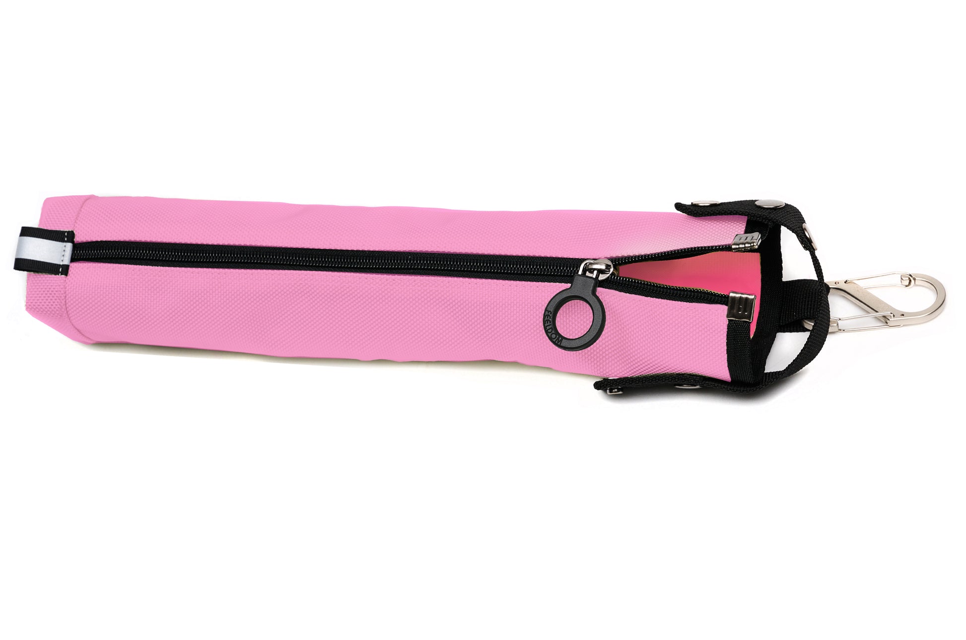 A Rose Pink cane pouch with a black zipper ring and black trim
