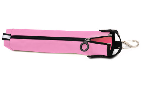 A Rose Pink cane pouch with a black zipper ring and black trim