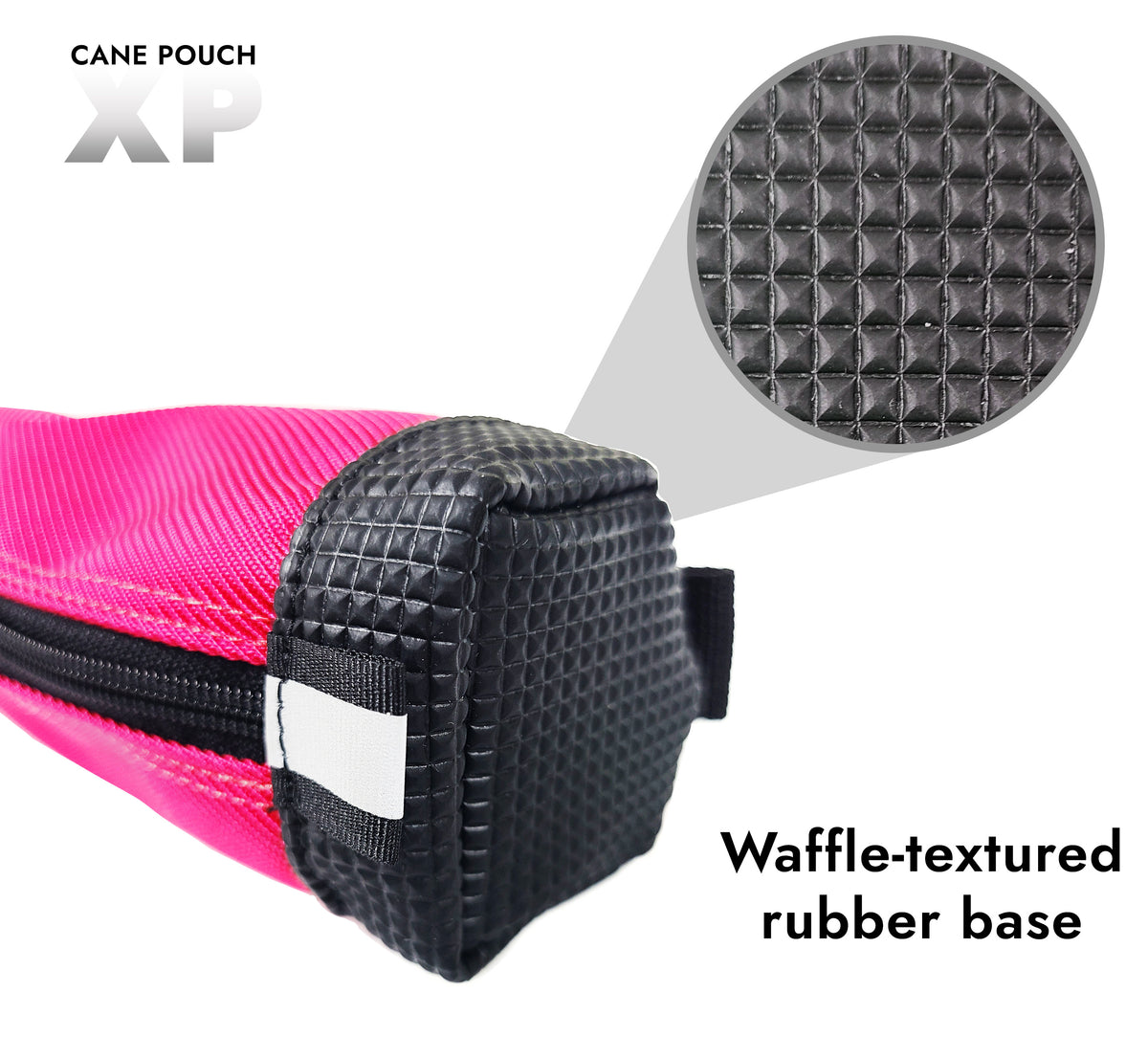 Close up graphic detail of the cane pouch's rubber base with reinforced waffle textured black rubber and a reflective tab.