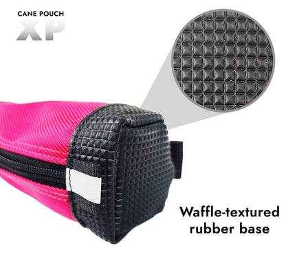 Close up graphic detail of the cane pouch's rubber base with reinforced waffle textured black rubber and a reflective tab.