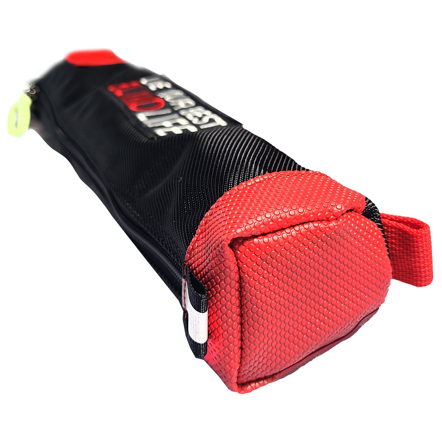 A red and black cylindrical protective case or pouch with a red textured rubber base.