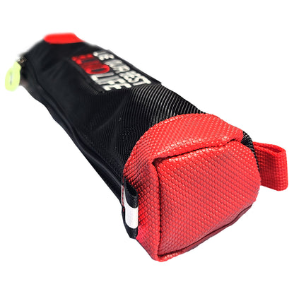 A red and black cylindrical protective case or pouch with a red textured rubber base.