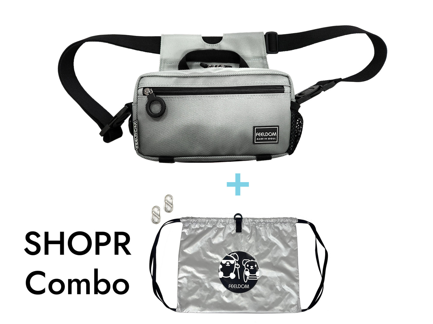 Mercury Silver (shiny gray) SHOPR Combo.  The set contains 1 Modu Mini bag, 2 carabiners, and the SHOPR shopping bag.