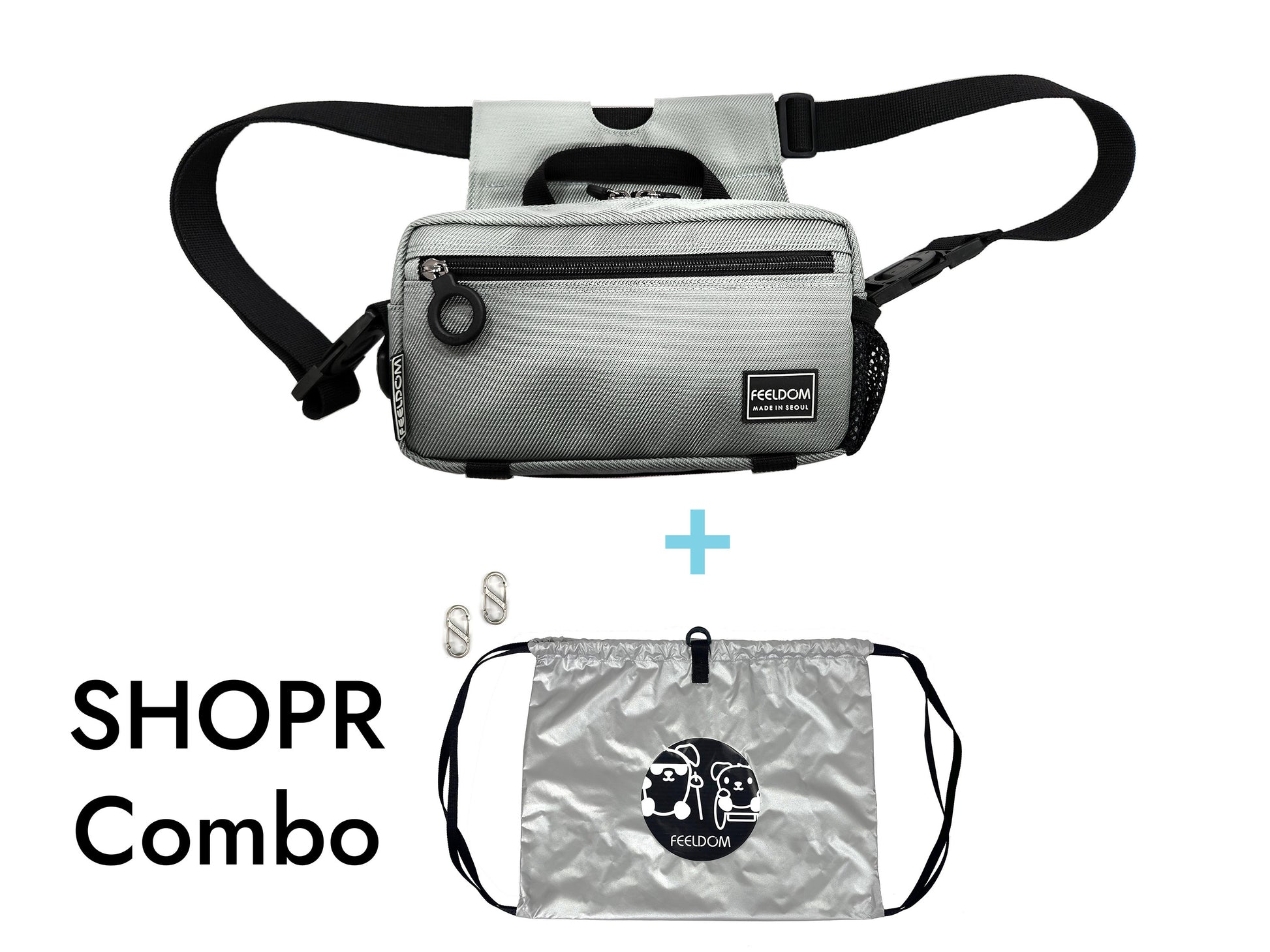 Mercury Silver (shiny gray) SHOPR Combo.  The set contains 1 Modu Mini bag, 2 carabiners, and the SHOPR shopping bag.