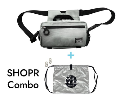 Mercury Silver (shiny gray) SHOPR Combo.  The set contains 1 Modu Mini bag, 2 carabiners, and the SHOPR shopping bag.