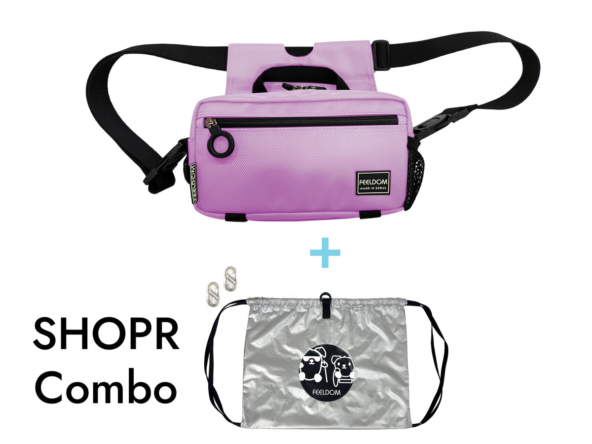 Mystic Purple (lavender) SHOPR Combo.  The set contains 1 Modu Mini bag, 2 carabiners, and the SHOPR shopping bag.