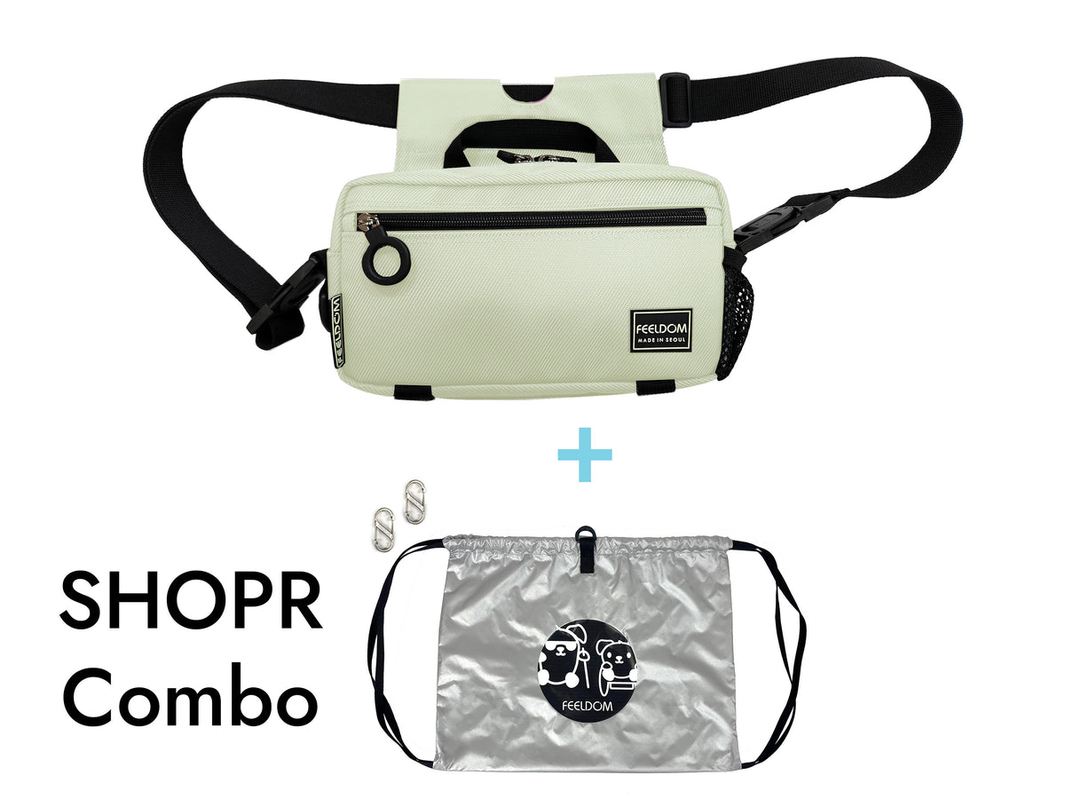 Arctic White (ivory) SHOPR Combo.  The set contains 1 Modu Mini bag, 2 carabiners, and the SHOPR shopping bag.