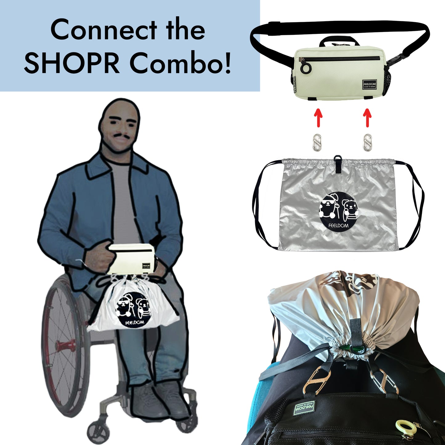 Title: Connect the SHOPR Combo!  A collage showing a man seated in manual wheelchair wearing Modu Mini around his waist, with a silver shopping bag clipped to the bottom of the mini bag so that it lays flat upon his lap.  It's connected with two metal carabiners. The set contains 1 Modu Mini bag, 2 carabiners, and the SHOPR waterproof nylon shopping bag with a black logo and black pull-straps.