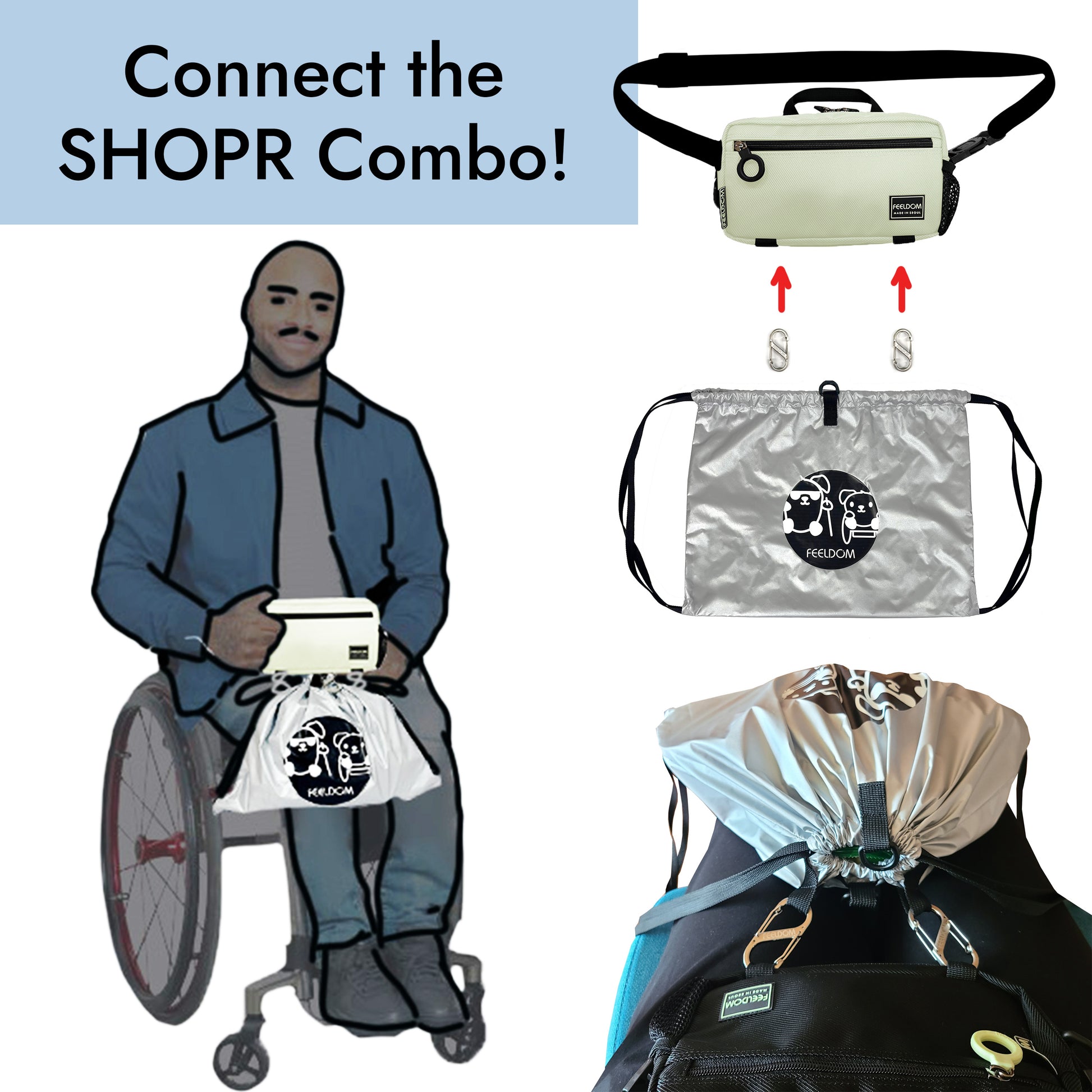 Title: Connect the SHOPR Combo!  A collage showing a man seated in manual wheelchair wearing Modu Mini around his waist, with a silver shopping bag clipped to the bottom of the mini bag so that it lays flat upon his lap.  It's connected with two metal carabiners. The set contains 1 Modu Mini bag, 2 carabiners, and the SHOPR waterproof nylon shopping bag with a black logo and black pull-straps.
