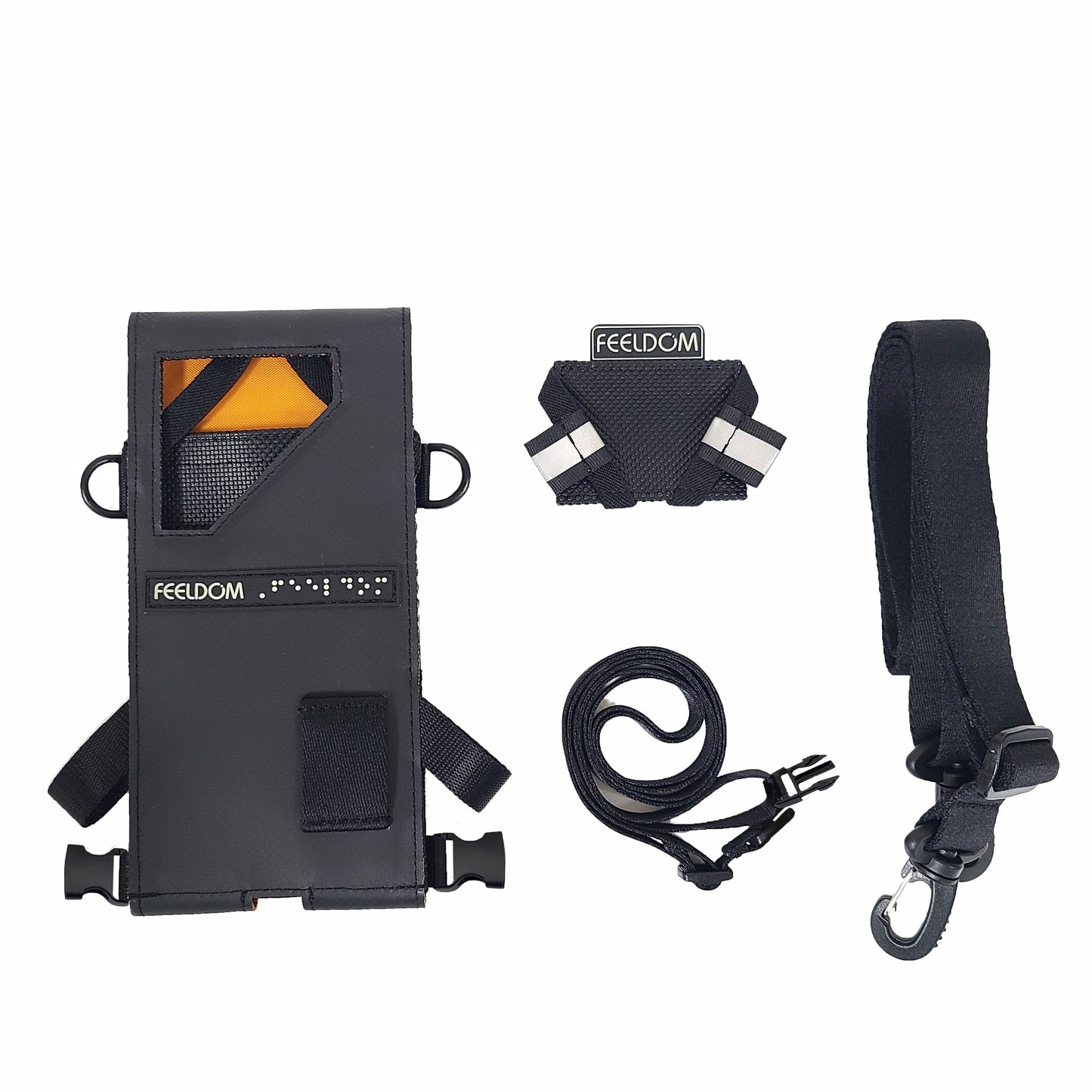 An array of the Navi-Flip phone case with the accessories that are included:  The case itself, the velcro base, the neck strap, the waist strap.