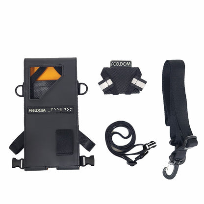 An array of the Navi-Flip phone case with the accessories that are included:  The case itself, the velcro base, the neck strap, the waist strap.