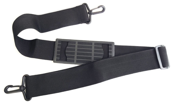 Close up view of the detachable shoulder strap, black, which is 2 inches wide. It has a wide rubber shoulder pad and two black plastic swivel clips on both ends. 