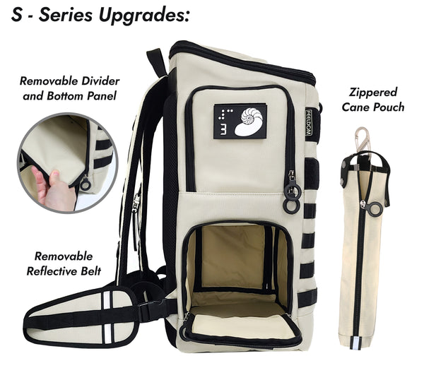 Side view of Large White Backpack with the bottom compartment open showing an ivory lining. Removable base panel detail, reflective removable belt and white Zippered Cane pouch.