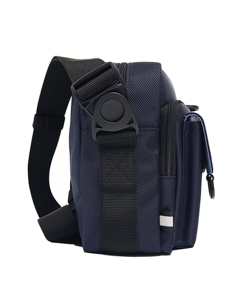 Side view of the CHIC LT24 Small bag showing it with the wheelchair straps or the shoulder strap attached. The push button release buckeles rotate up to 30 degrees left or right. There is a small reflective tag on the bottom seam.  It has a wide profile, but can be collapsed when empty.