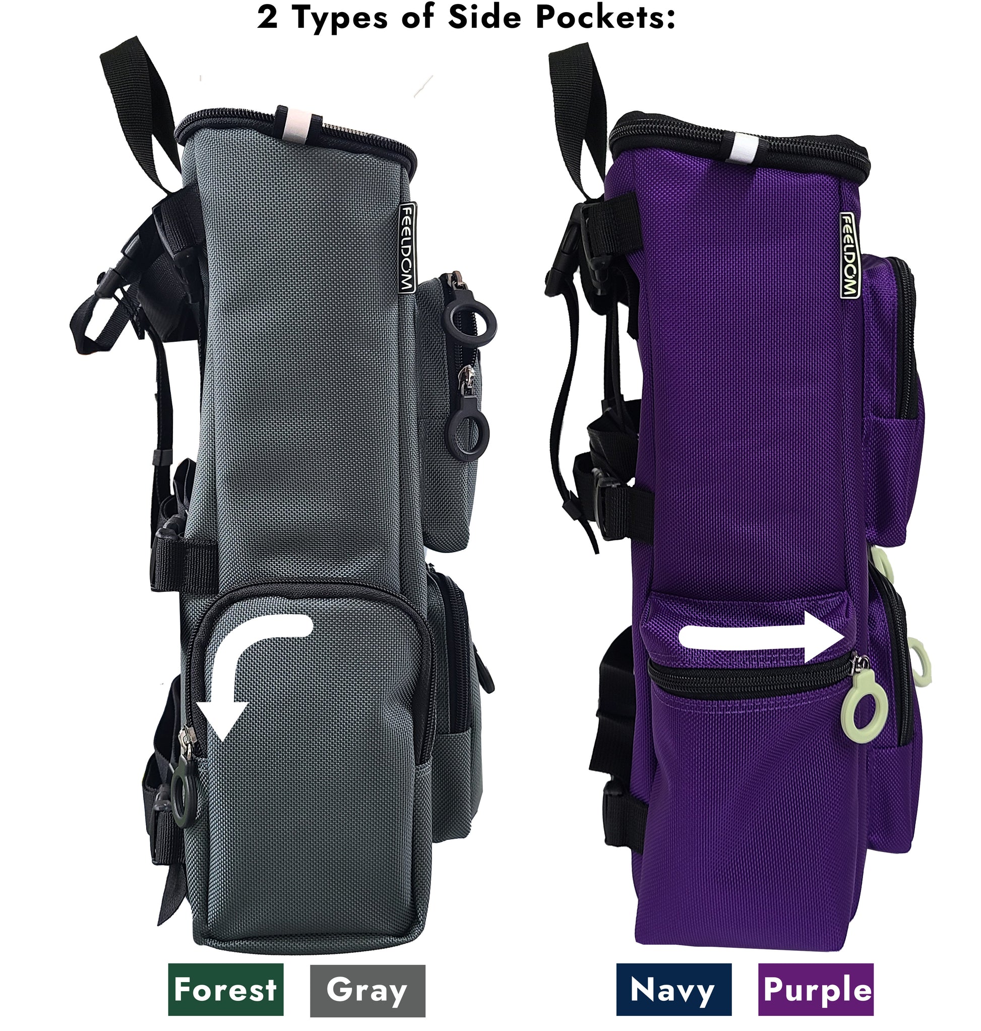 two versions of the medium wheelchair bag have different side pocket design. the Forest and Gray version has a zipper going around the top of the 8 inch side pocket and the Navy and Purple versions have the zipper going across the side of the 8 inch pocket horizontally