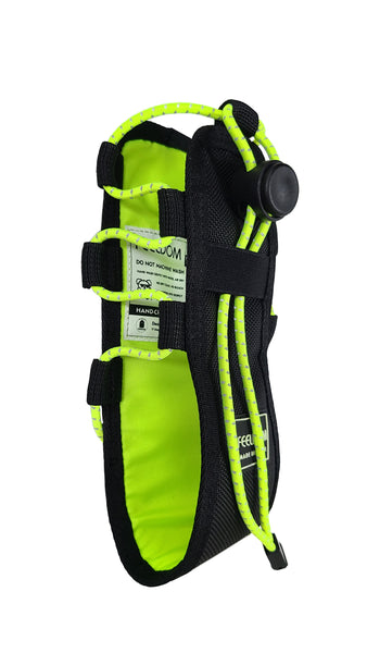 Side view of the FEELDOM MOOL Bottle holster showing the neon yellow elastic cording and yellow lining. There is an eleastic strap on the front to hold the excess cording when the holster is tightened up for smaller bottles.