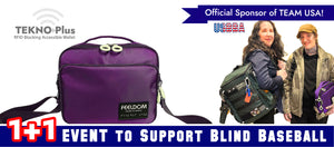 1+1 Event to support Blind Baseball. Feeldom is an official sponsor of Team USA (USBBA). TEKNO Plus RFID Wallet Pouch, purple with a braille tag on the front. Two ladies smiling and modelling Feeldom Backpack and Tekno Plus.