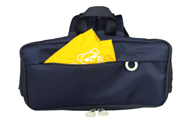 Top view of the lid showing an outer zipper pouch with a bright yellow raincover folded up inside. It is made of water proof nylon and has a blind dog character design on the front, which is glow in the dark.