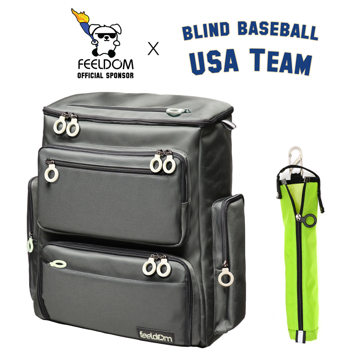 A dark gray Feeldom backpack shown alongside a bright yellow zippered cane pouch, with branding text reading 'Blind Baseball USA Team' and 'Feeldom Official Sponsor' on a white background.