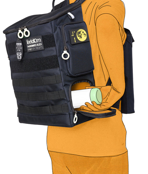 A person is wearing the backpack, and reaching behind to access the lower compartment which is open. They are taking out a thermos which is stored horizontally in the lower compartment.