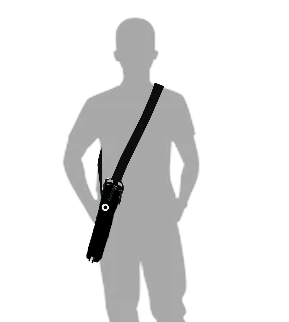 Person wearing a black cane pouch with a crossbody strap