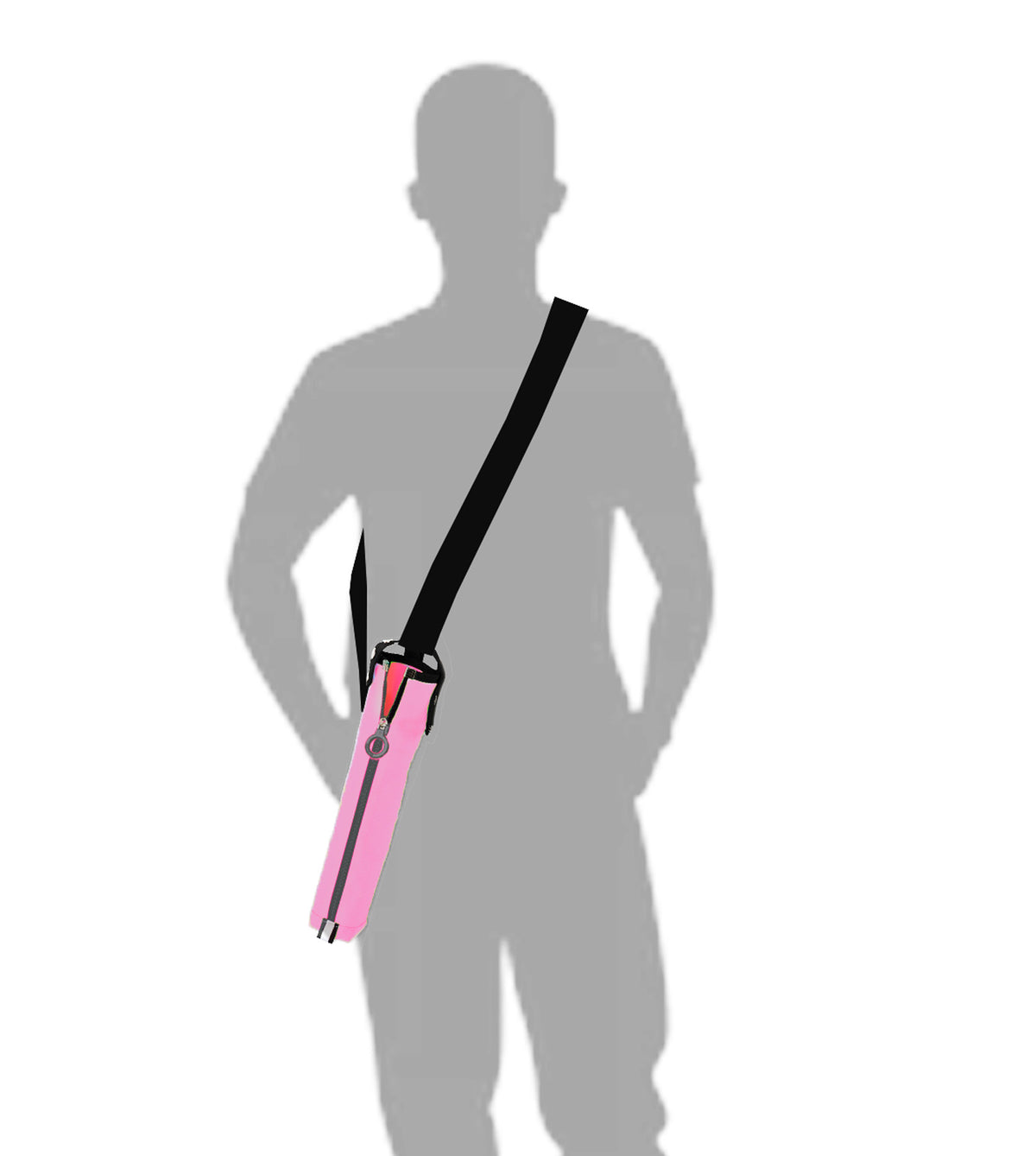 Person wearing a pink cane pouch with a crossbody strap