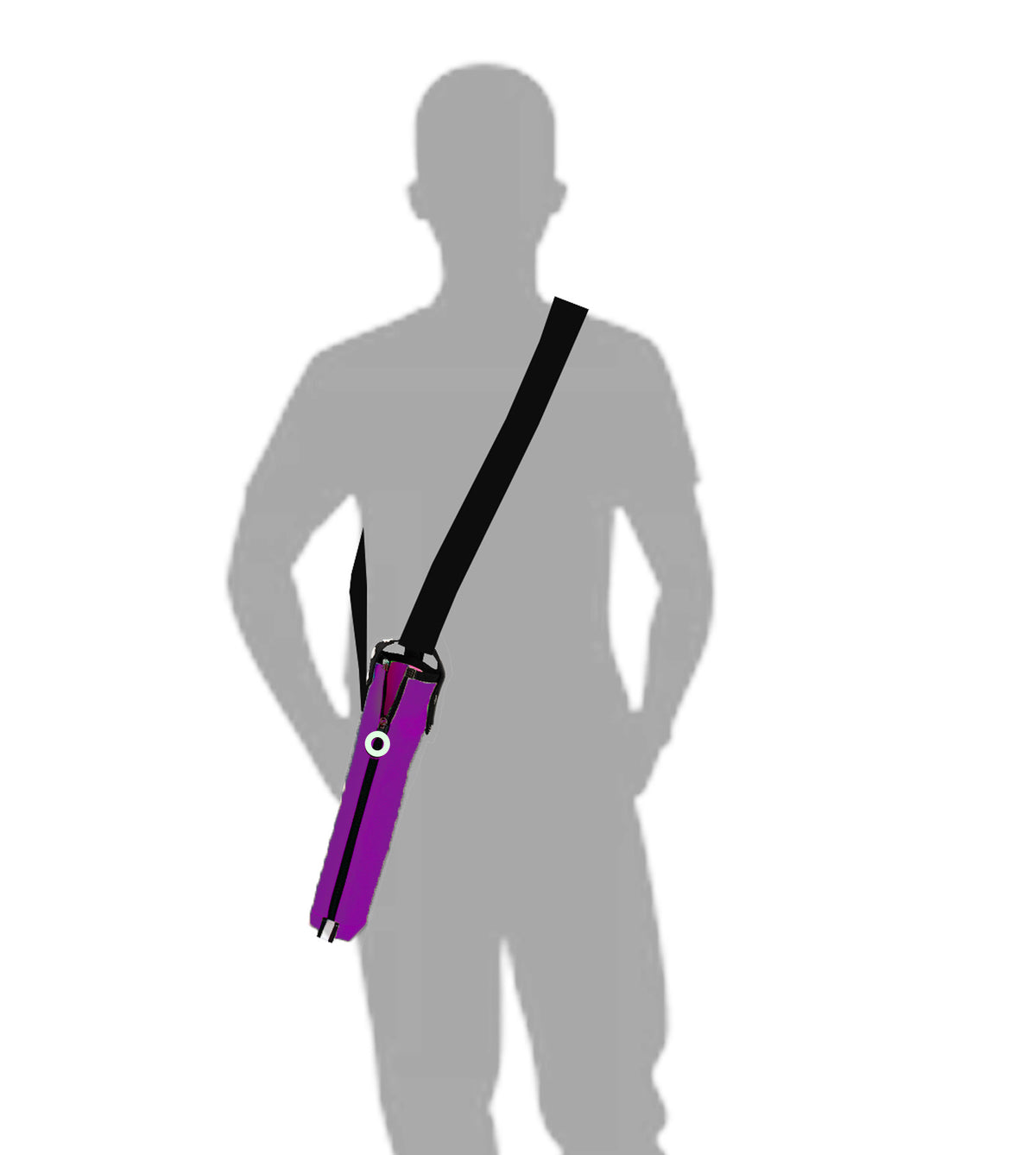 Person wearing a purple cane pouch with a crossbody strap