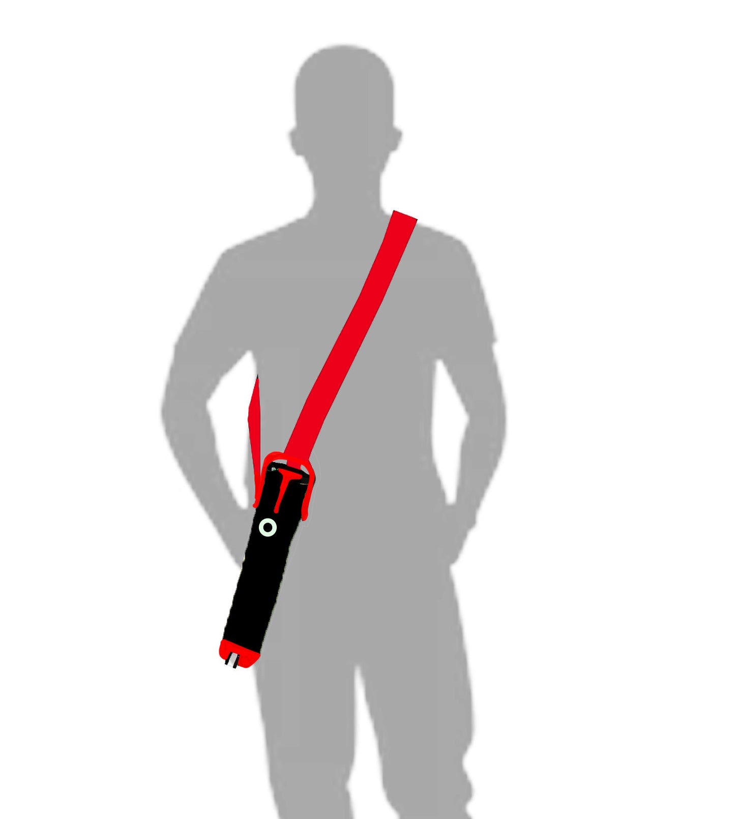 A red and black crossbody cane bag shown on a gray silhouette model against a white background.