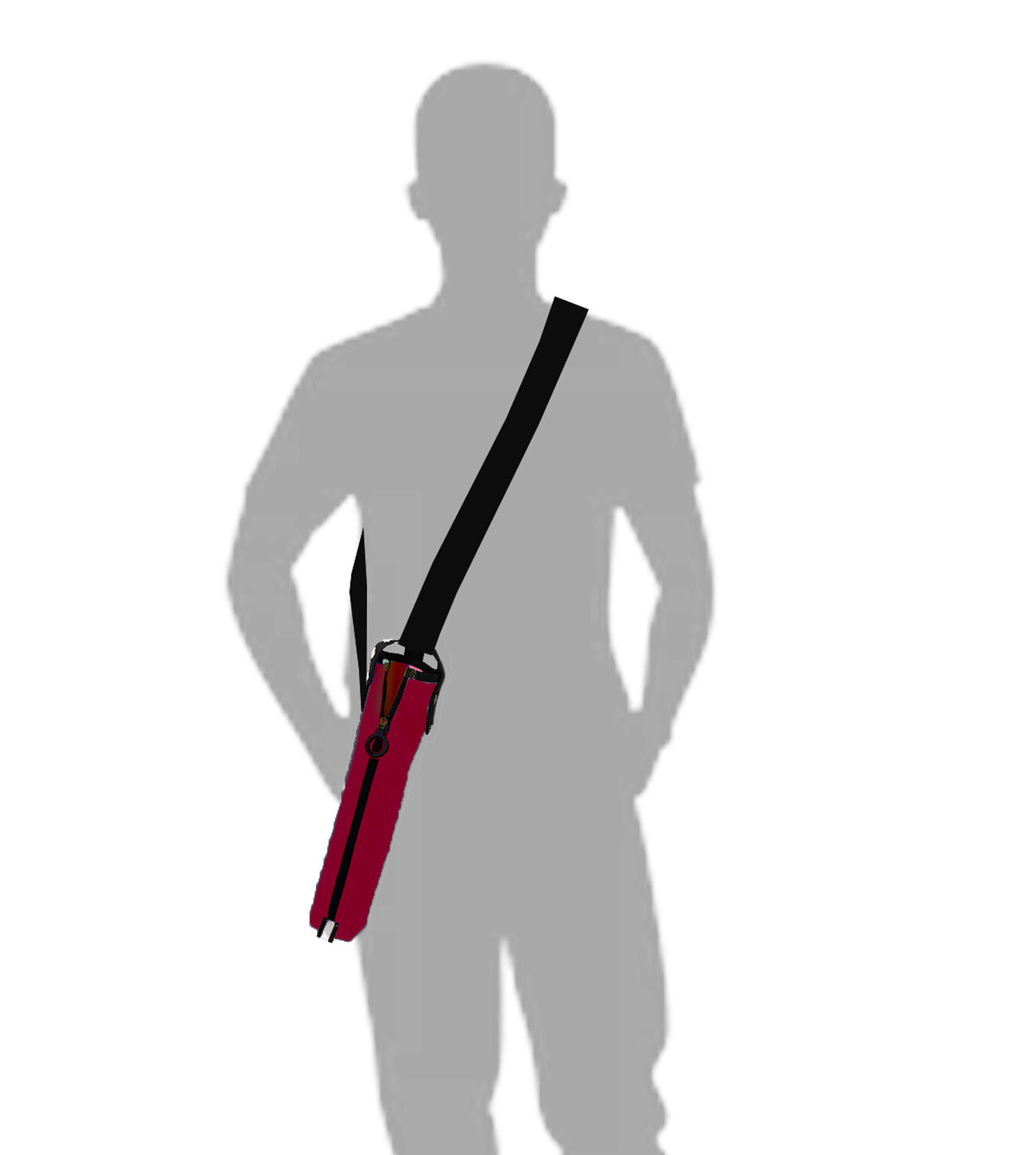 A person wearing a burgundy cane pouch with a crossbody strap