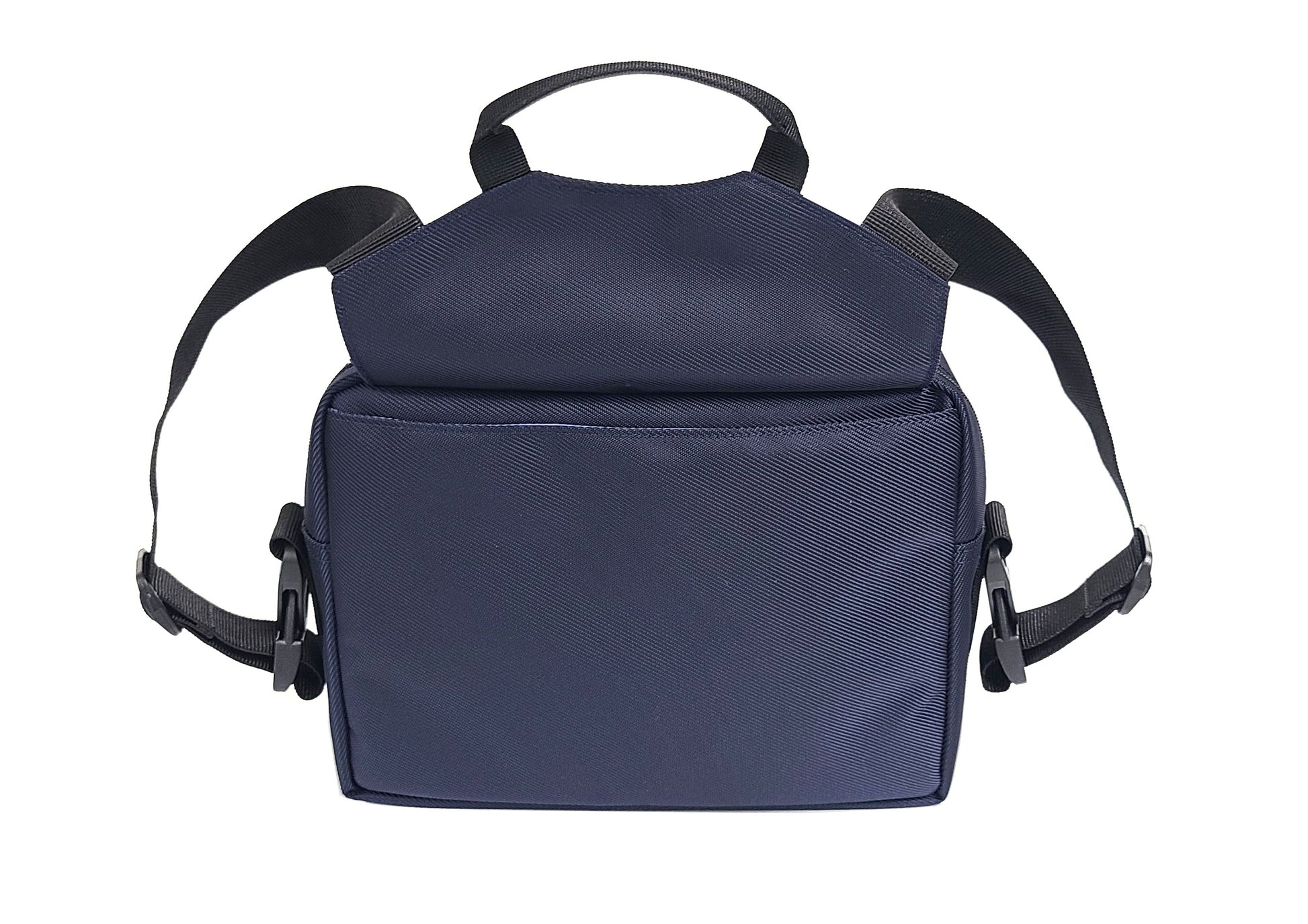 Back view of the CHIC LT24 Small bag in full wheelchair mode. The two side straps create loops that go over the handle bars or push bar of a wheelchair, and there is a small handle at the top for easy removal of the bag. The flat pouch on the back allows you to store the wheelchair straps inside without adding any bulk.