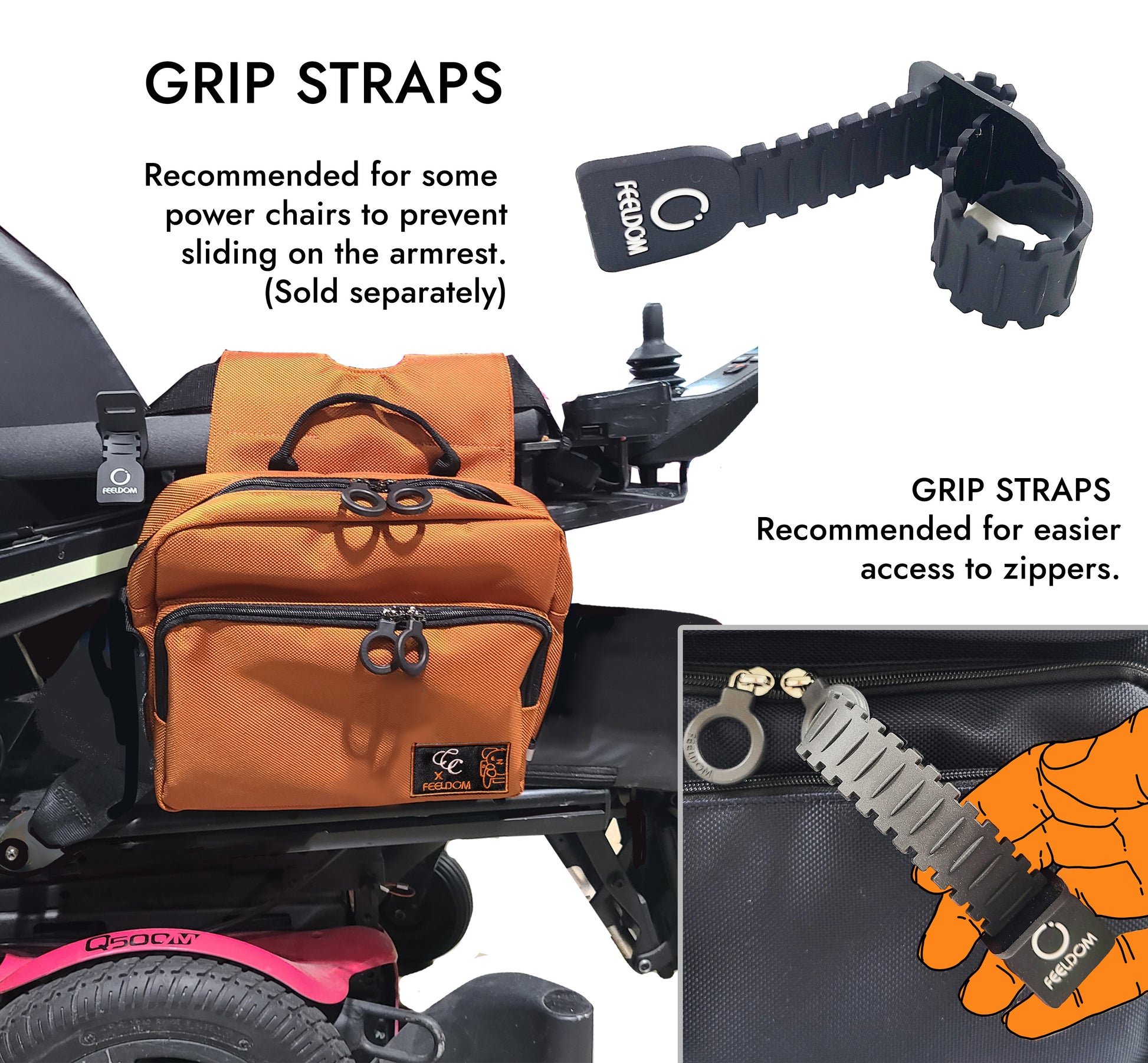 Grip straps for power chairs with a brown bag and close-up of a strap on a scooter.