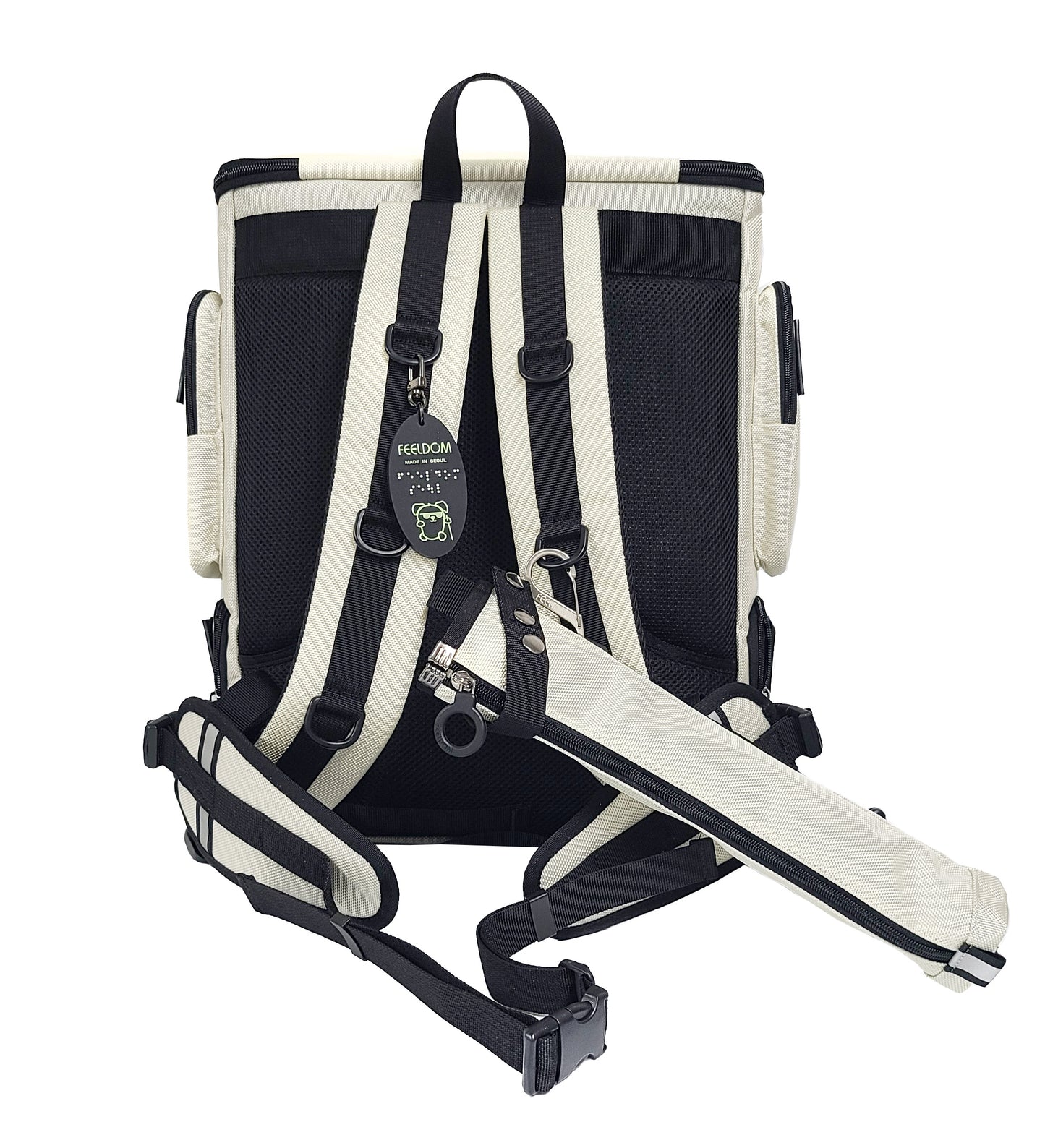 Back view of the White Performance Block Medium S-series showing the White cane pouch clipped to the strap D-ring with the carabiner, and the waist strap attached using two clip buckles on each side. The handle is a smooth nylon band along the top center of the bag.