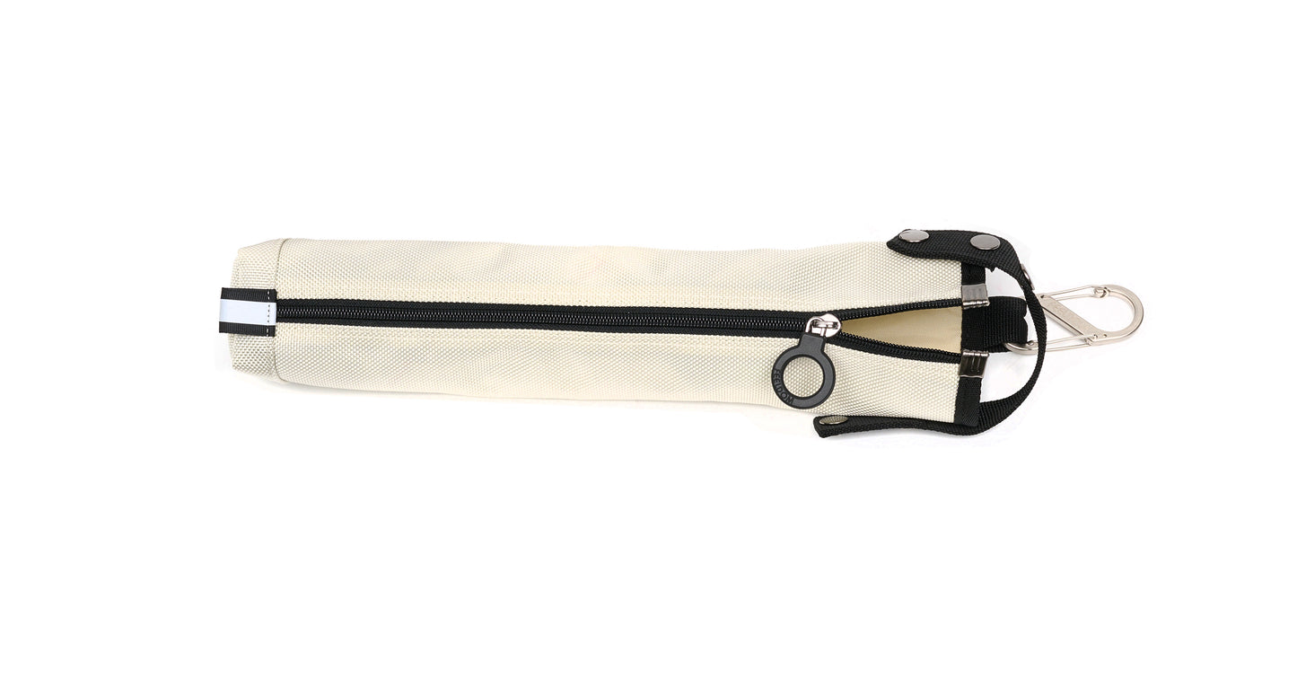 A white cane pouch with black trim and a black zipper.