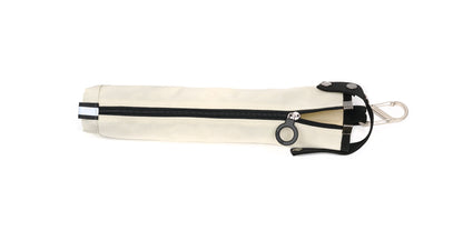 A white cane pouch with black trim and a black zipper.