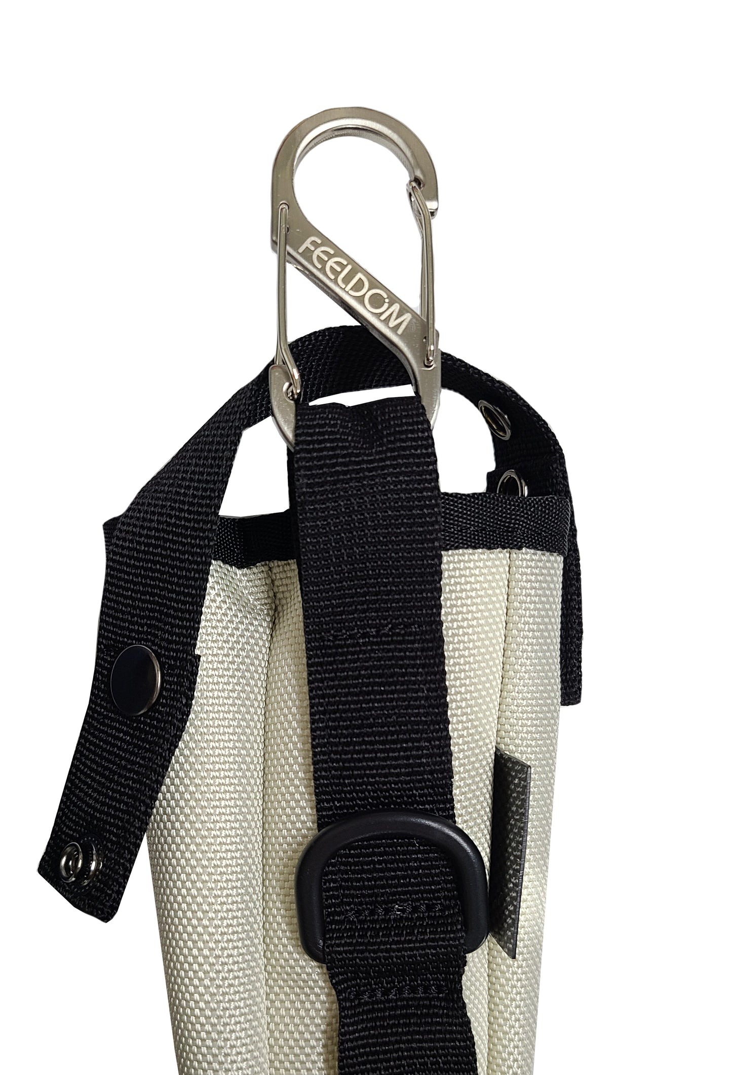 Close up detail of the back of a white cane pouch with black trim. The silver metal s-shaped carabiner has an engraved FEELDOM logo in the middle. The back strap is about 1 inch wide and runs from the top to the bottom of the pouch. There is a D ring near the top.