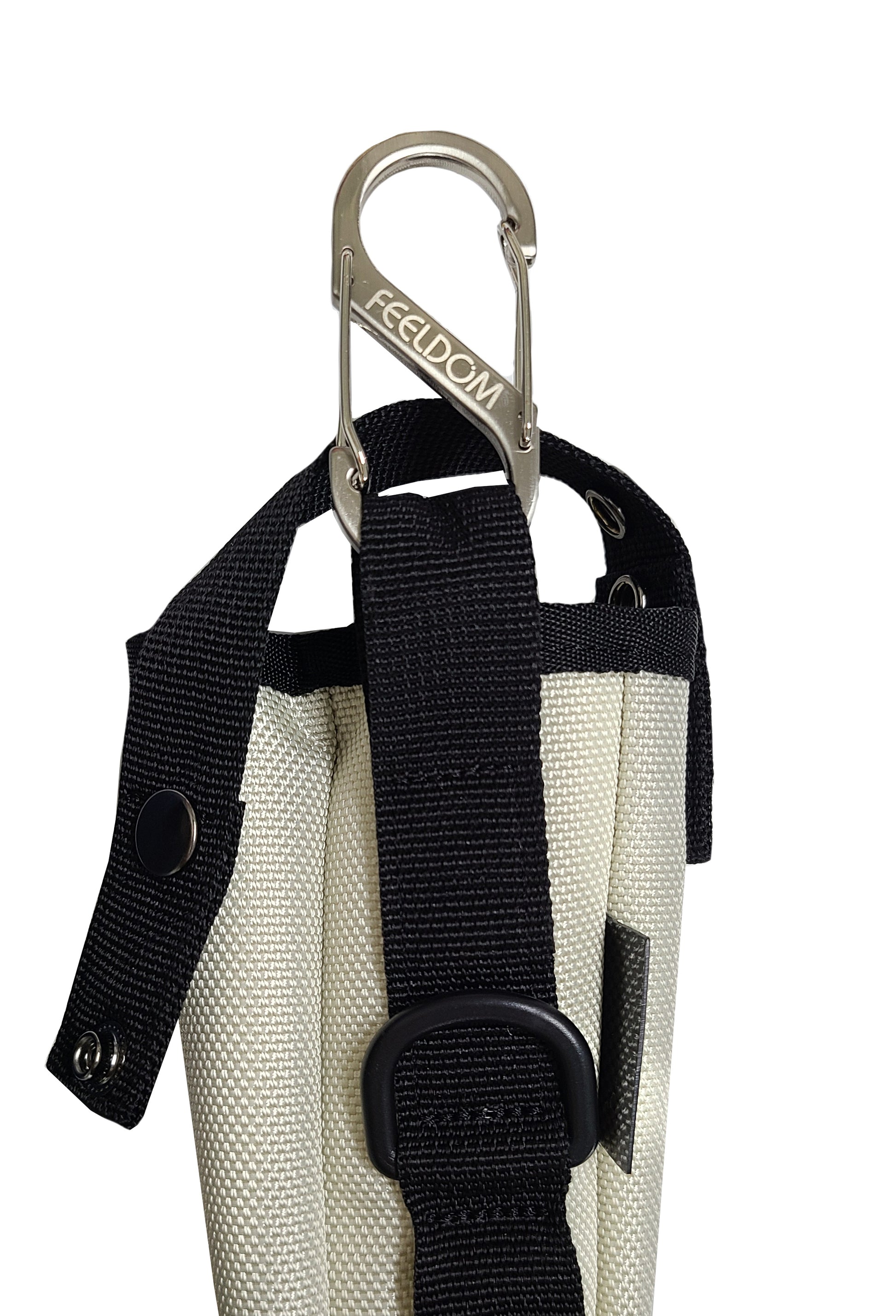 Close up detail of the back of a white cane pouch with black trim. The silver metal s-shaped carabiner has an engraved FEELDOM logo in the middle. The back strap is about 1 inch wide and runs from the top to the bottom of the pouch. There is a D ring near the top.