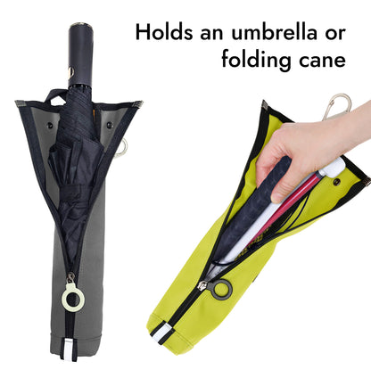 A zippered umbrella or cane case shown in two views on a white background: a black umbrella is in a gray sleeve and one bright yellow-green case is unzipped with a hand inserting a folding white cane. Text reads 'Holds an umbrella or folding cane.'