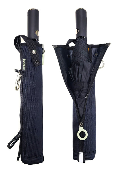 A navy blue cane pouch with an umbrella inside zipped up. The zipper opens down the middle with a white zipper ring. The handle of the umbrella sticks out the top of the pouch.