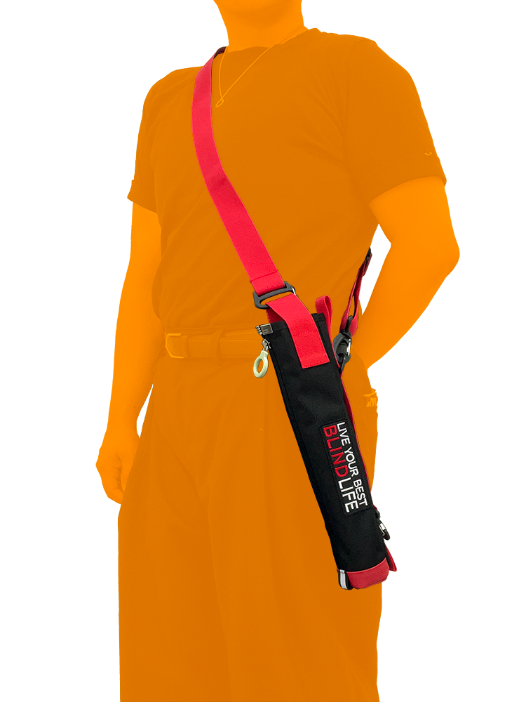 A black and red crossbody elongated pouch with white and red branding text, shown worn over the shoulder of an orange silhouette of a person against a white background.