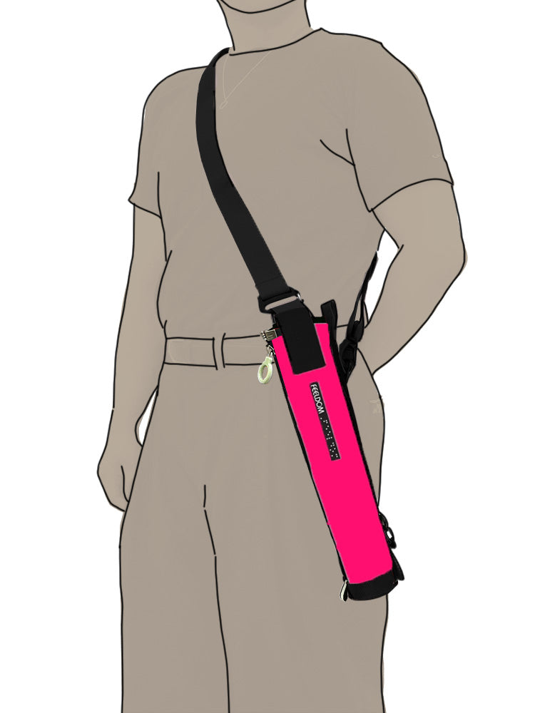 a person wearing a hot pink cane pouch by their hip with a black crossbody strap
