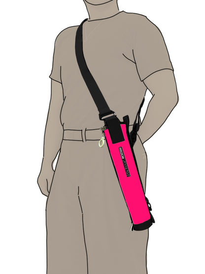 a person wearing a hot pink cane pouch by their hip with a black crossbody strap