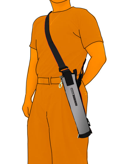 a person's orange silhouette wearing a gray cane pouch by their hip with a black crossbody strap
